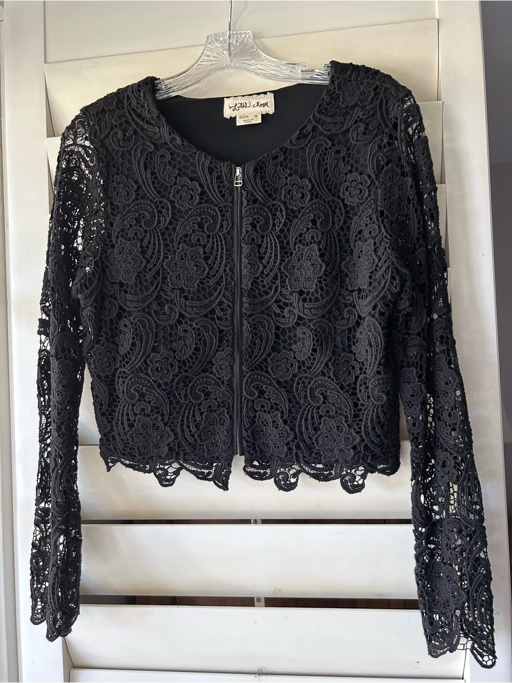 Lush Black Floral Crochet Zip-Front Top